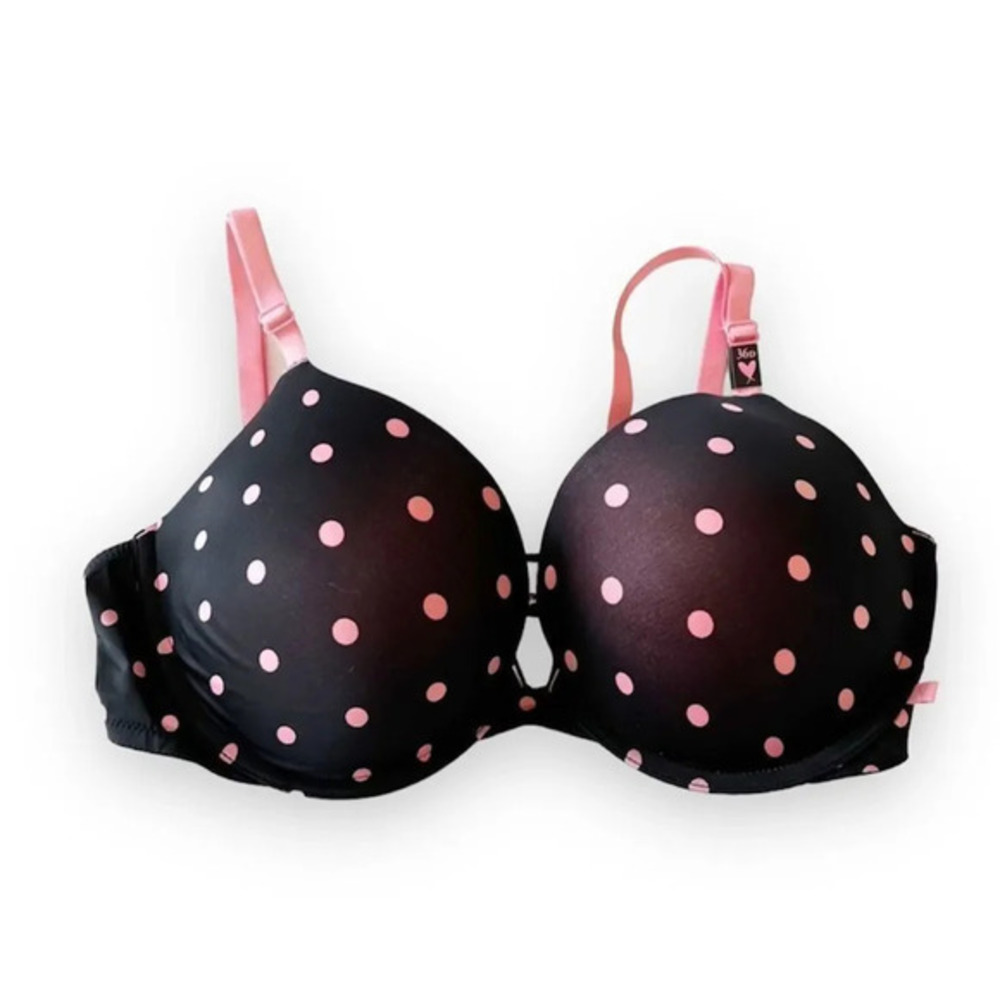 Victoria’s Secret Black Pushup Bra Pink‎ Dot Size 36D Romantic Underwire NWT
